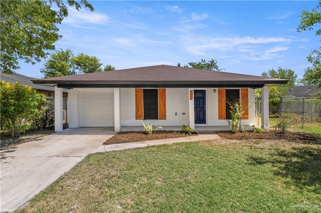 single story home with a front lawn, fence, covered porch, concrete driveway, and an attached garage