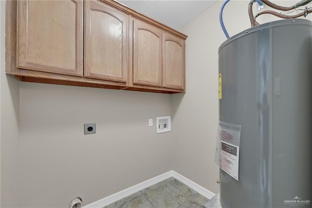 1821 S Petunia Ave, Weslaco, TX 78596 - laundry area featuring water heater, electric dryer hookup, cabinet space, and washer hookup