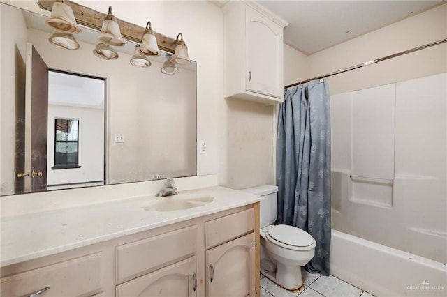 full bathroom with tile patterned floors, vanity, shower / bath combination with curtain, and toilet