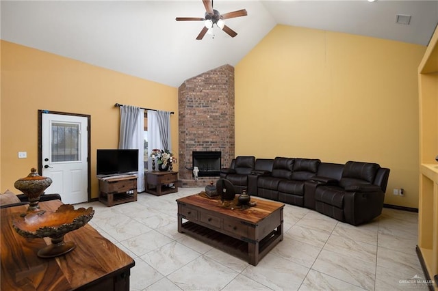 5514 N Minnesota Rd, Mission, TX 78574 - living area featuring light marble finish flooring, ceiling fan, high vaulted ceiling, and a brick fireplace