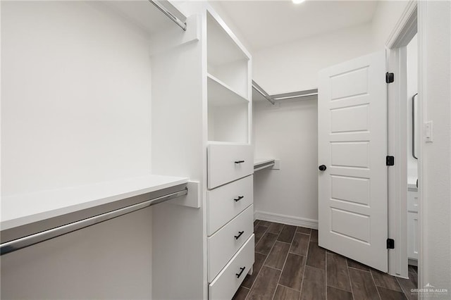 spacious closet with dark hardwood / wood-style flooring