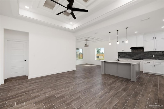 kitchen with white cabinetry, an island with sink, and dark hardwood / wood-style floors