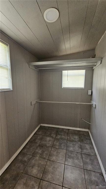 basement with wood walls, plenty of natural light, and dark tile patterned flooring