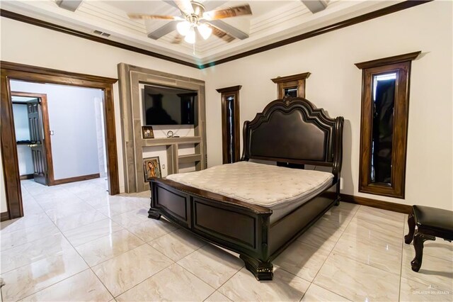 bedroom featuring beam ceiling, ceiling fan, and ornamental molding