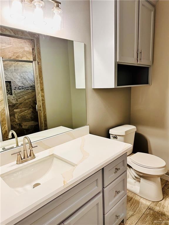 bathroom featuring vanity, toilet, and walk in shower