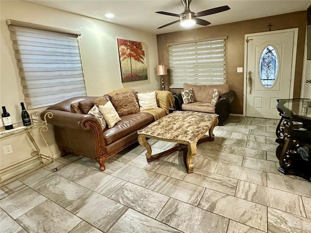 living room with ceiling fan