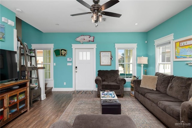 living room featuring ceiling fan and dark hardwood / wood-style floors