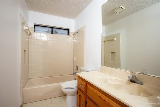 full bathroom with tile patterned flooring, toilet, vanity, a textured ceiling, and shower / tub combination