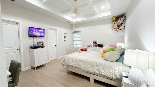 2800 Encke Rd, Mission, TX 78574 - bedroom featuring coffered ceiling, light wood-style floors, beam ceiling, and recessed lighting