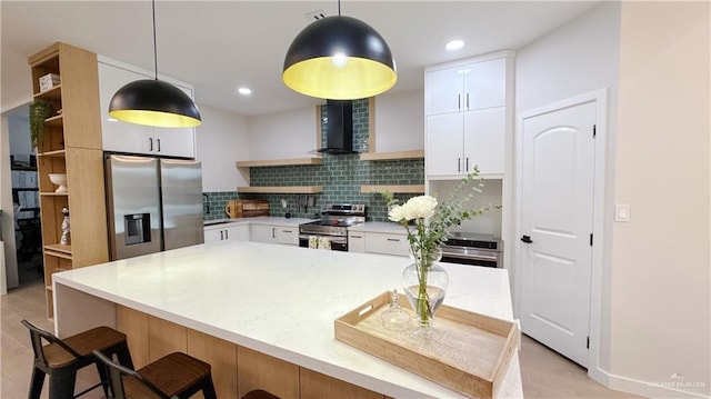 2800 Encke Rd, Mission, TX 78574 - kitchen with appliances with stainless steel finishes, open shelves, backsplash, white cabinetry, and recessed lighting