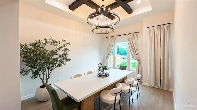2800 Encke Rd, Mission, TX 78574 - dining room featuring coffered ceiling, light wood-style flooring, a chandelier, beam ceiling, and recessed lighting