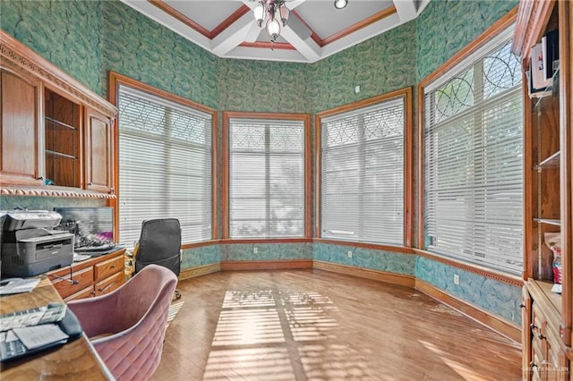 3716 E Lincoln Ave, Mission, TX 78573 - office space with healthy amount of natural light, wallpapered walls, ceiling fan, wood finished floors, and crown molding