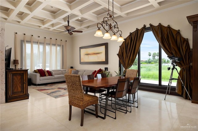 dining room featuring beamed ceiling, ceiling fan, crown molding, and coffered ceiling