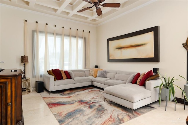 living room featuring beamed ceiling, ceiling fan, ornamental molding, and coffered ceiling