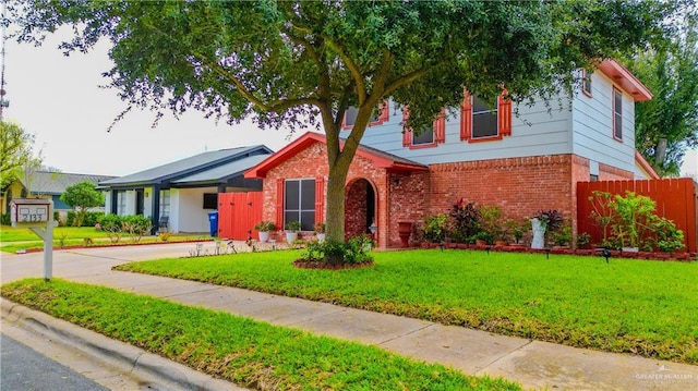 view of front of home featuring concrete driveway, brick siding, a front lawn, and fence