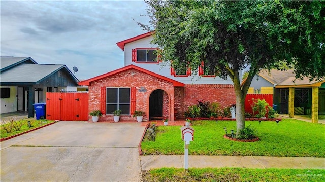 view of front of house with brick siding, a front yard, and fence