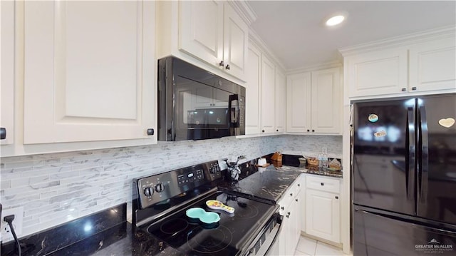 kitchen featuring decorative backsplash, white cabinetry, and black appliances