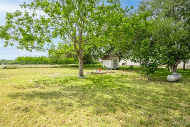 view of yard featuring a storage shed