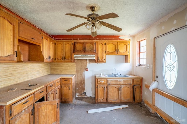 kitchen featuring a textured ceiling, ceiling fan, and sink