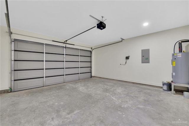 garage featuring a garage door opener, electric panel, electric water heater, and baseboards