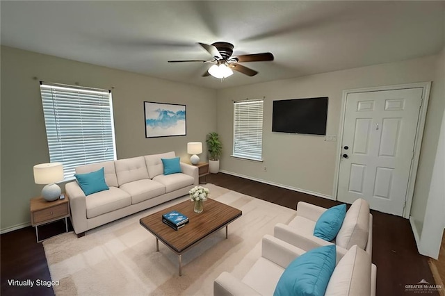 8802 N 29th Ln, Mcallen, TX 78504 - living room with wood finished floors, a ceiling fan, and healthy amount of natural light