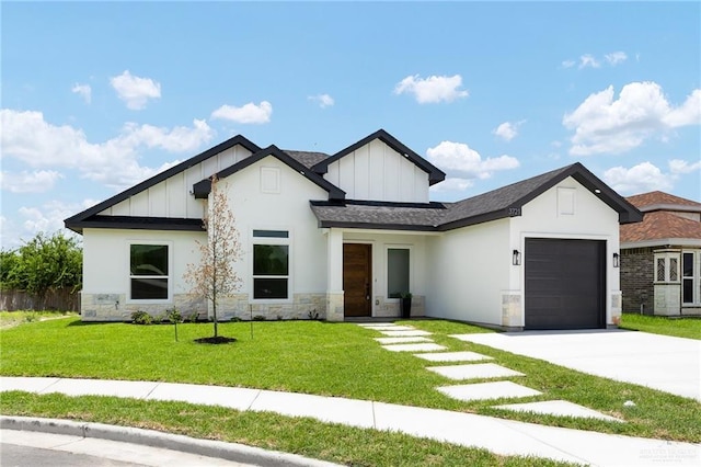 3721 Diamondhead Ave, Alton, TX 78573 - modern farmhouse style home with stone siding, driveway, an attached garage, board and batten siding, and a front lawn