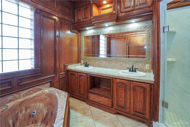 bathroom with shower with separate bathtub and vanity