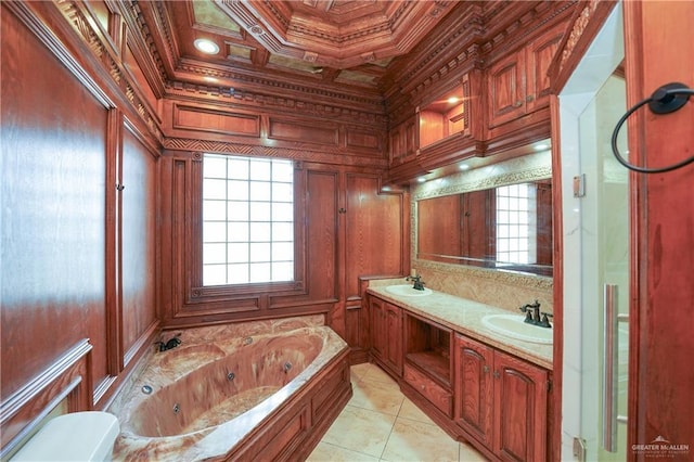 bathroom with vanity, ornamental molding, tile patterned floors, a tub, and wood walls