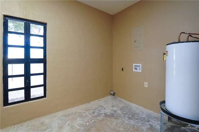 clothes washing area with electric dryer hookup, washer hookup, gas water heater, and electric panel