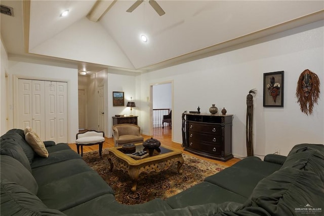 408 E Newport Ln, Mcallen, TX 78501 - living room with ceiling fan, beam ceiling, wood finished floors, and high vaulted ceiling