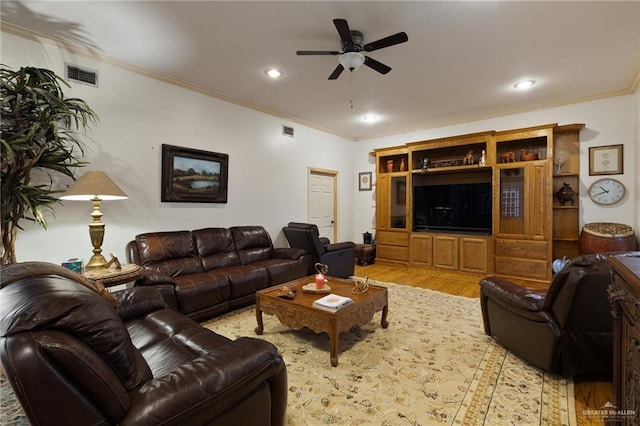 408 E Newport Ln, Mcallen, TX 78501 - living area with ceiling fan, crown molding, light wood-style floors, and recessed lighting
