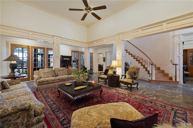 408 E Newport Ln, Mcallen, TX 78501 - living area featuring a towering ceiling, ceiling fan, stairway, ornamental molding, and marble tiled flooring