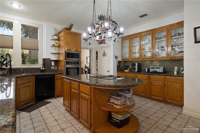 408 E Newport Ln, Mcallen, TX 78501 - kitchen featuring open shelves, black appliances, a sink, tasteful backsplash, and a chandelier