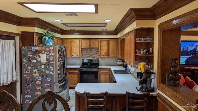 2104 Harvey St, Mcallen, TX 78501 - kitchen featuring crown molding, freestanding refrigerator, open shelves, light countertops, and black / electric stove
