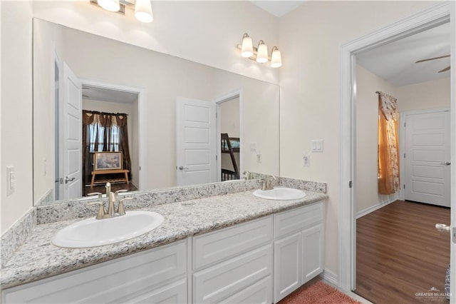 bathroom featuring hardwood / wood-style flooring and vanity