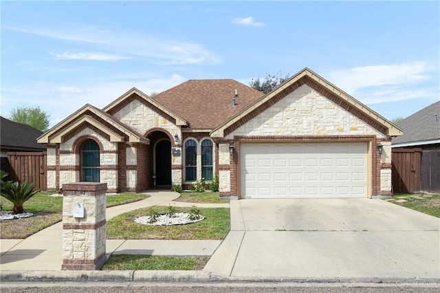 view of front of home featuring fence, brick siding, a garage, and driveway