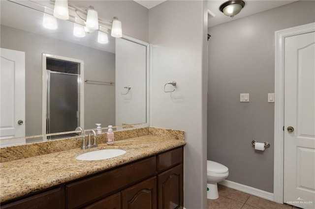 full bath featuring vanity, baseboards, tile patterned flooring, a shower stall, and toilet