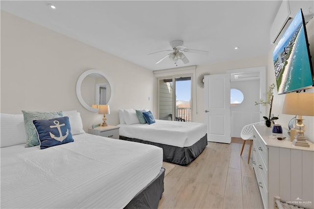 bedroom with recessed lighting, light wood-style floors, ceiling fan, and access to outside