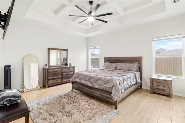 1801 Stardust Ln, Edinburg, TX 78541 - bedroom featuring coffered ceiling, light wood-style flooring, beamed ceiling, a ceiling fan, and a tray ceiling