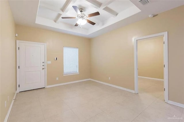 2805 E Garfield Ave, Alton, TX 78573 - empty room featuring coffered ceiling, light tile patterned floors, a ceiling fan, beam ceiling, and baseboards