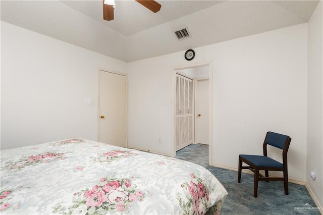 bedroom with visible vents, ceiling fan, baseboards, and carpet floors