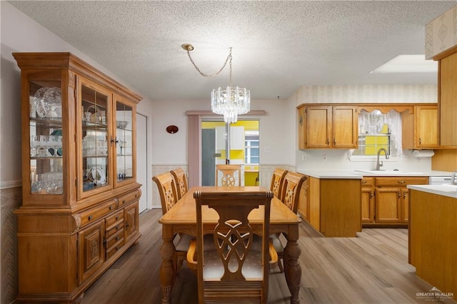 406 Sagittarius St, Mission, TX 78572 - dining area featuring a chandelier, a textured ceiling, wood finished floors, wainscoting, and healthy amount of natural light