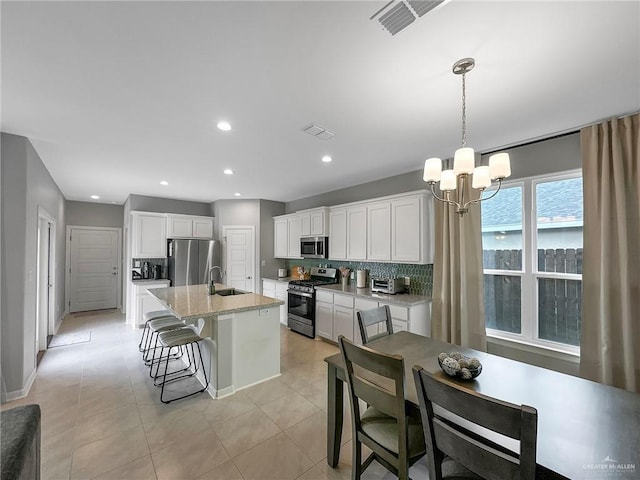 kitchen with white cabinetry, sink, decorative light fixtures, and appliances with stainless steel finishes