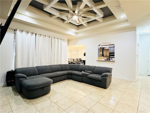 524 S Mile 2 W, Mercedes, TX 78570 - living area with light tile patterned flooring, visible vents, coffered ceiling, and ceiling fan