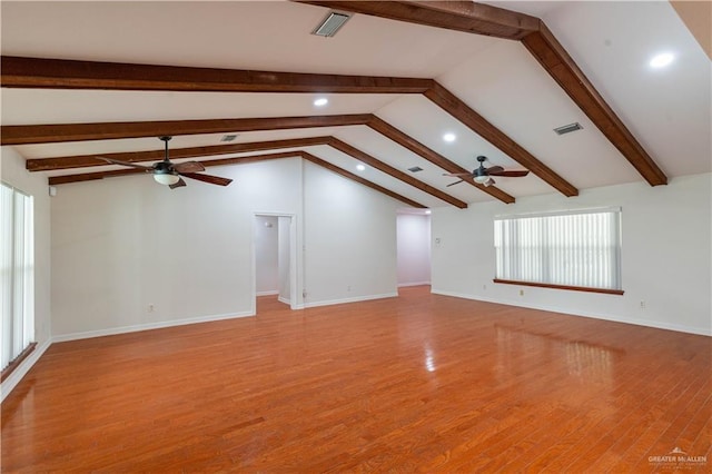 unfurnished living room with a ceiling fan, light wood-style floors, recessed lighting, and healthy amount of natural light
