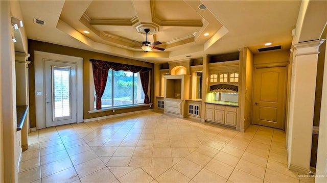 unfurnished living room with light tile patterned floors, ceiling fan, visible vents, and crown molding