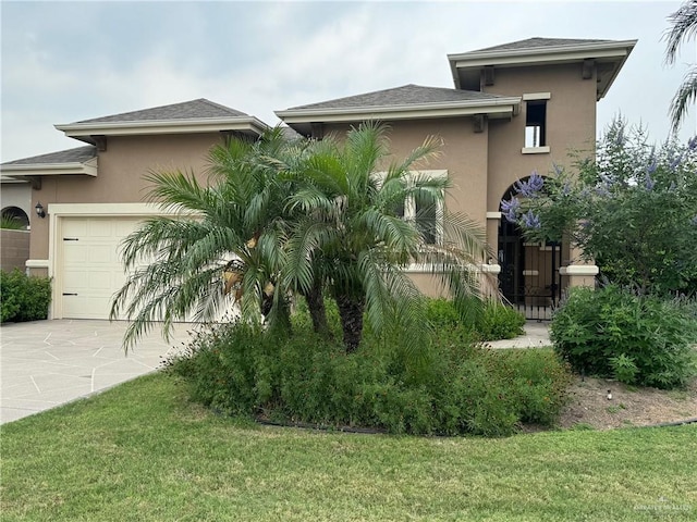 view of front of home with a front yard and a garage