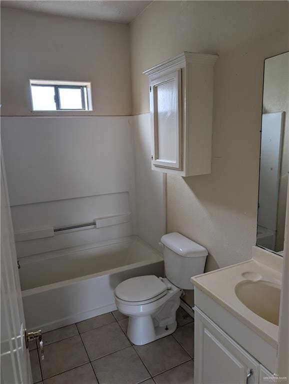 full bath with a bathtub, a shower, toilet, vanity, and tile patterned flooring