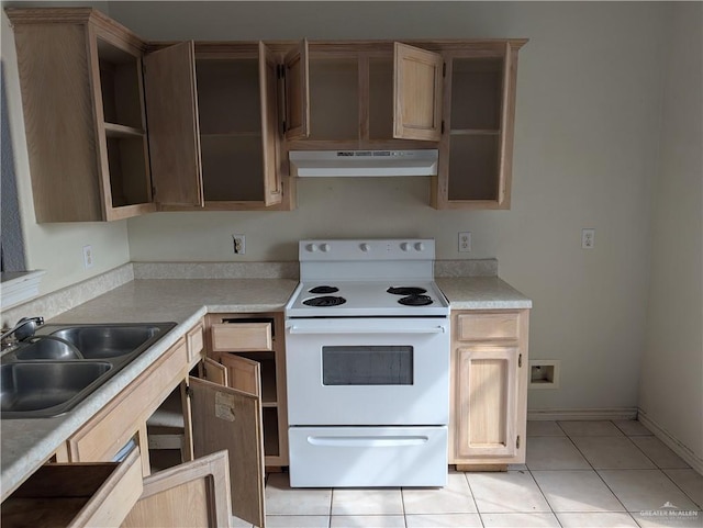 kitchen with open shelves, electric range, a sink, and under cabinet range hood