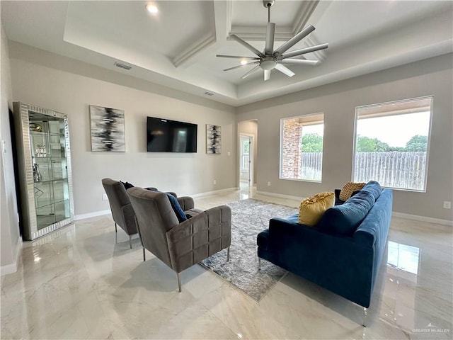 living room featuring beam ceiling, ceiling fan, and coffered ceiling